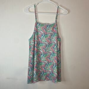 Lauren James Flamingo Green Pink Spaghetti Strap Tank Top Beach Vacation Medium